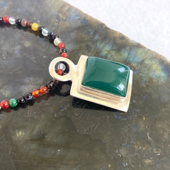 Sterling Silver 925 Multicolor Beaded Green Chrysoprase Pendant Necklace 18" - Picture 7 of 16